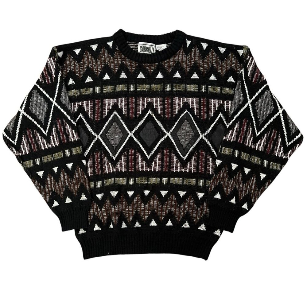 Gabrielle Sweater Mens Size L Crewneck Argyle Knit Leather Trimming Gray VTG 90s